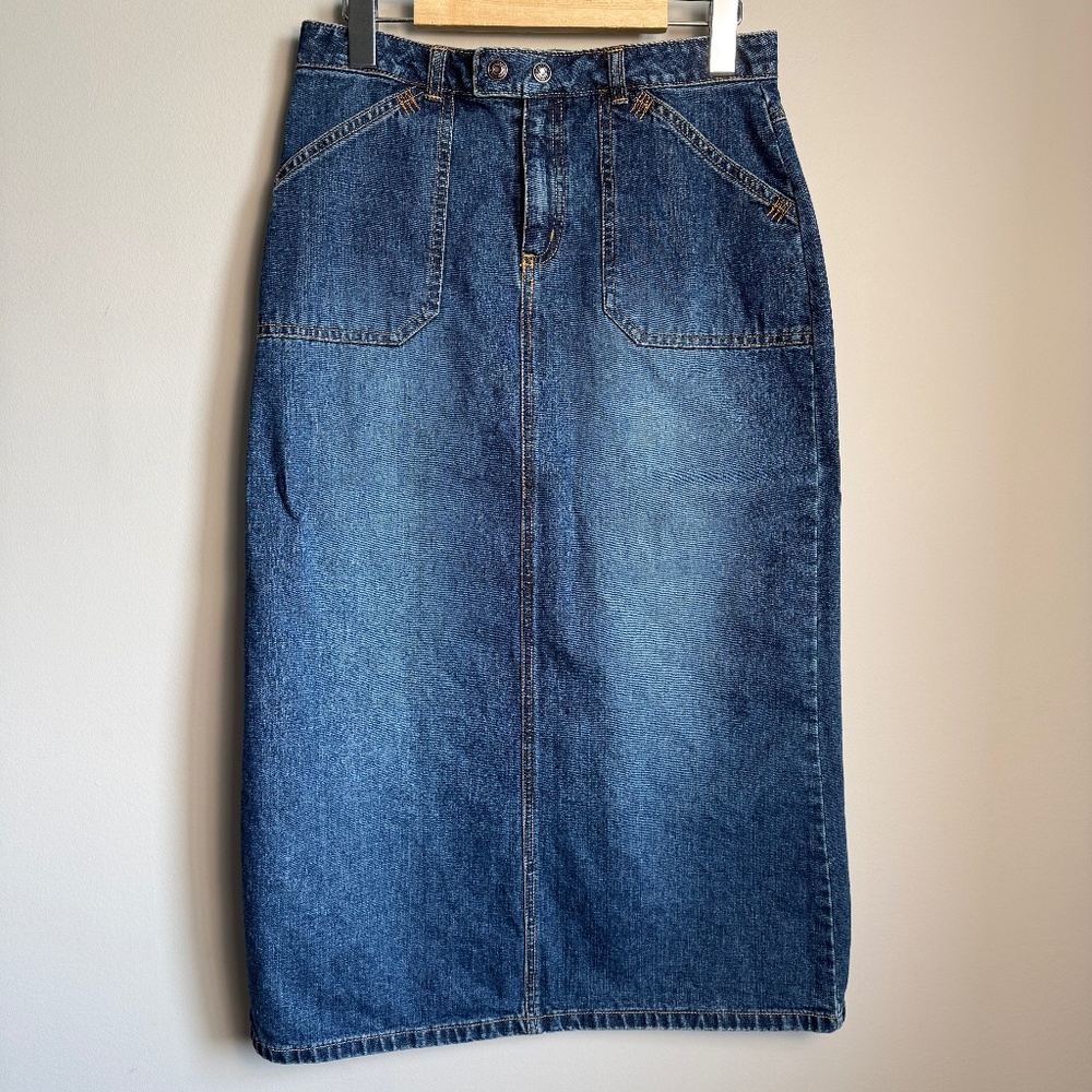 Vintage Y2K Old Navy Women's Denim Midi Jean Skirt Blue Size 16 Pockets 1/2 Slit - Picture 1 of 13
